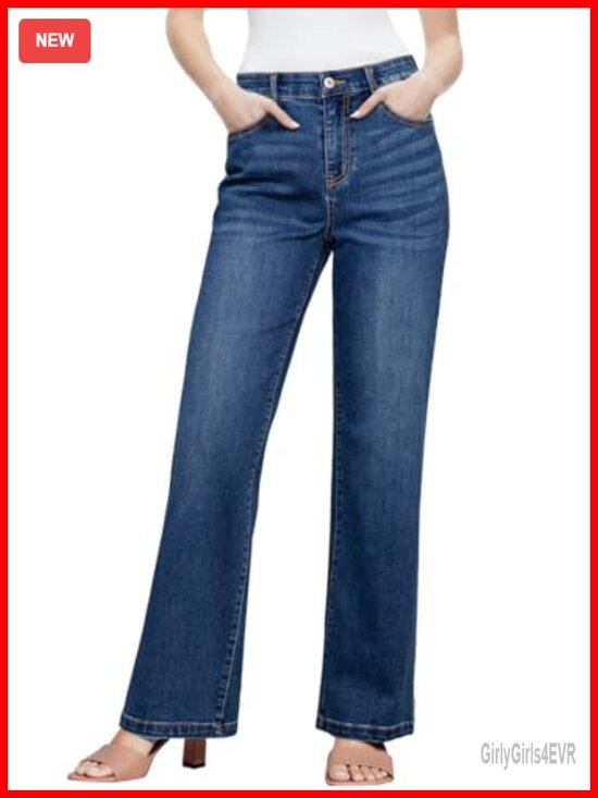 Denim - High Waisted Wide Straight Leg Jeans with Pockets, Tummy Control, Stretch